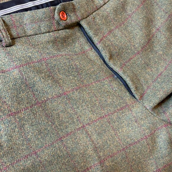 Men's Tweed Pants Trousers - Moss Green with Burgundy Windowpane - 40x27 - Picture 4 of 9